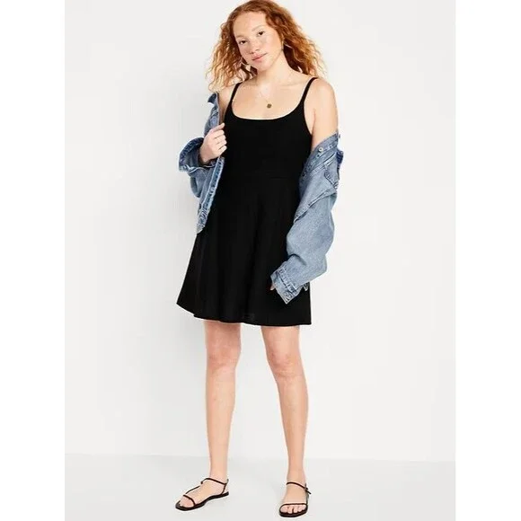 Old Navy | Dresses | Old Navy Fit Flare Cami Mini Dress Womens S Tall Black  Linen Blend Smocked New | Poshmark